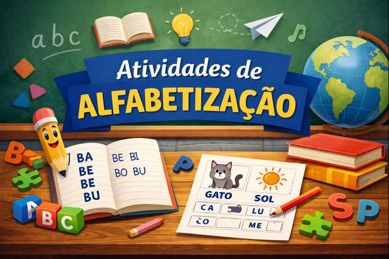 Imagem de capa para blog sobre atividades de alfabetização, mostrando crianças aprendendo letras e sílabas com materiais educativos coloridos, incluindo blocos, caderno e cartazes, em ambiente de sala de aula.