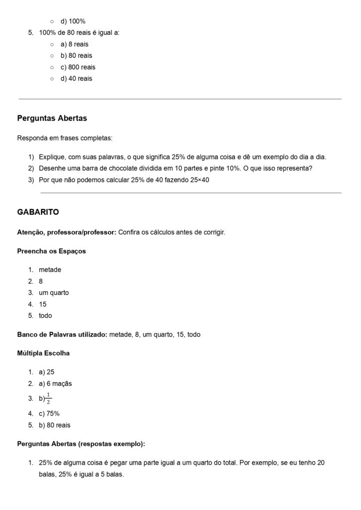 Plano de aula: Porcentagem no 5º ano – BNCC EF05MA06 3 ATIVIDADES DE PORCENTAGEM 4 E 5 ANO