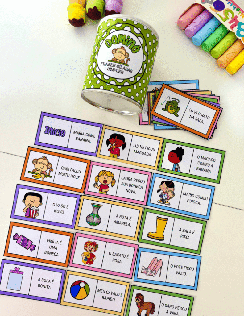 Atividades de Alfabetização para Crianças: Estratégias Eficazes e Divertidas 4 Dominó de Frases – Sílabas Simples Leitura e Interpretação na Alfabetização