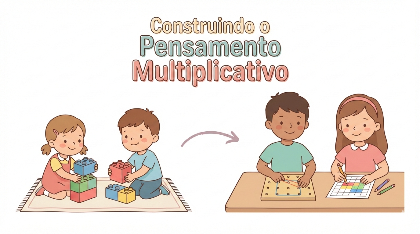 Ilustração mostrando crianças da Educação Infantil agrupando blocos e alunos dos Anos Iniciais usando geoplano e malha quadriculada para aprender multiplicação.