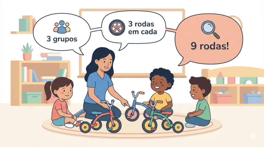 Multiplicação desde cedo: como construir o pensamento multiplicativo da Educação Infantil aos Anos Iniciais 2 Professora e crianças na Educação Infantil contando rodas de três triciclos, ilustrando a introdução da multiplicação com situações do cotidiano.