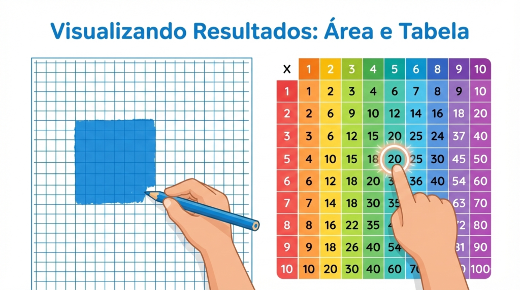 Multiplicação desde cedo: como construir o pensamento multiplicativo da Educação Infantil aos Anos Iniciais 5 Ilustração comparando o uso da malha quadriculada para visualizar 5x4 como área e a localização do resultado 20 na Tabela de Pitágoras.