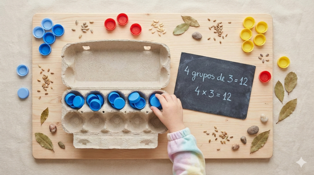 Multiplicação desde cedo: como construir o pensamento multiplicativo da Educação Infantil aos Anos Iniciais 4 Atividade com caixa de ovos e tampinhas coloridas organizadas em 4 grupos de 3, demonstrando o uso de materiais concretos na multiplicação.
